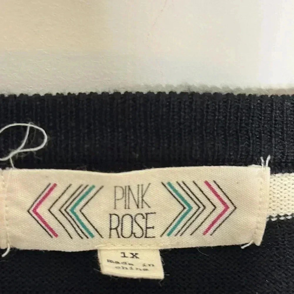 Pink Rose Pull Over Sweater Black & Cream Round Neck Side Elastic Long Sleeve - Picture 7 of 11